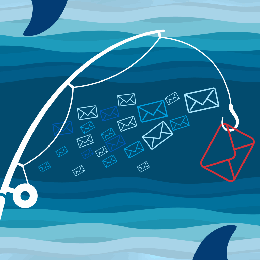 Photo of a fishing pole hooking a red envelope, this is supposed to be a nod to phishing emails